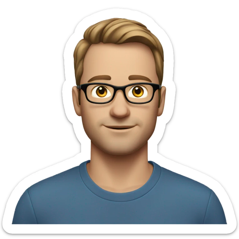 A head and shoulders shot of a 33 year old white man, with short brown hair,  wearing glasses with blue eyes wearing a t-shirt. sticker