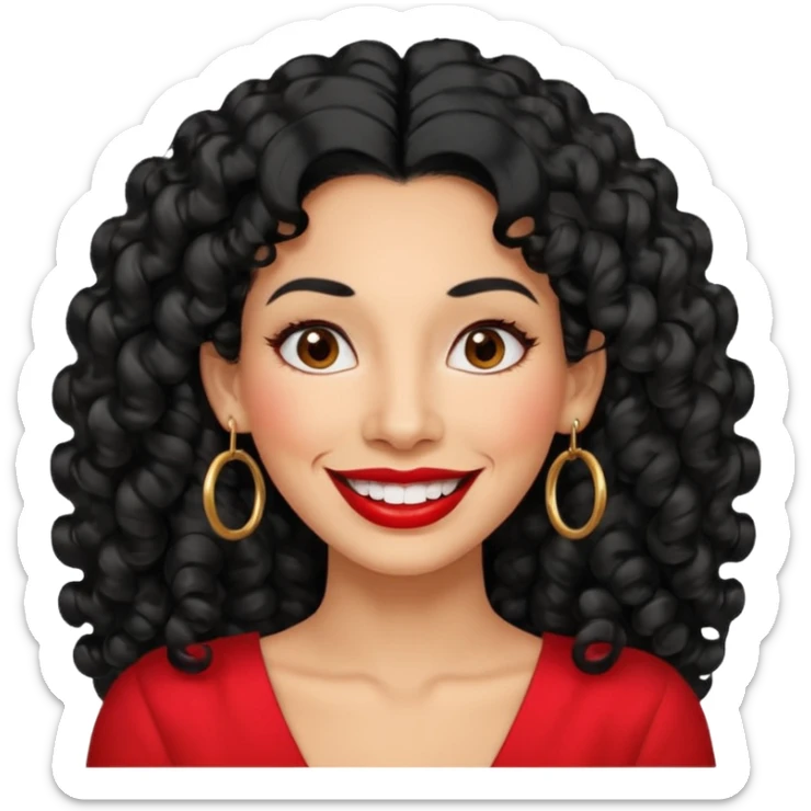 40 yr old peruvian woman, very curly long black hair, red lipstick, big smile, white teeth, brown eyes, hoop earings, hair parted at side sticker