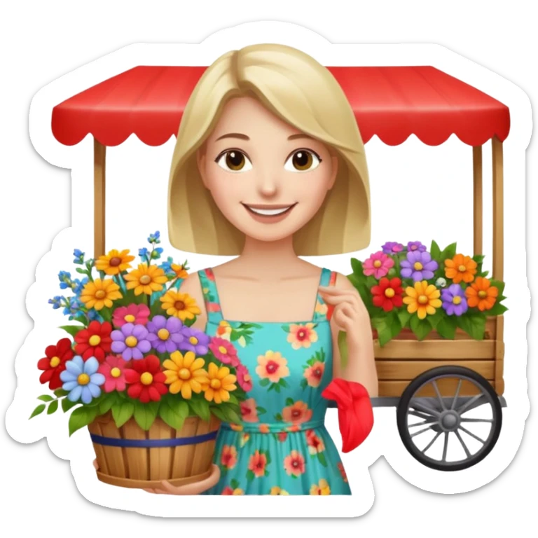 Shopper with flower bouquet,Farmers’ Market, background Flowers cart. sticker