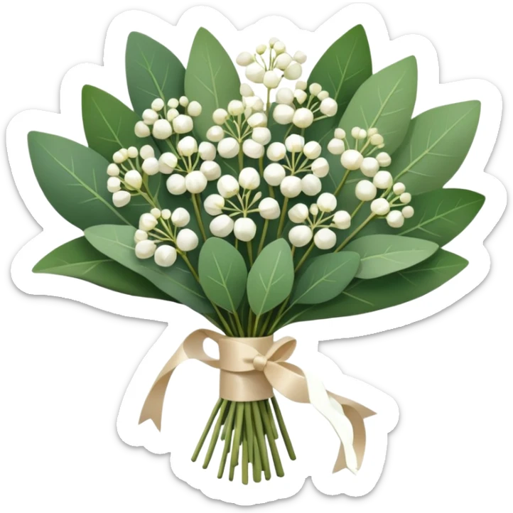 bouquet of eucalyptus and gypsophila flowers with beige ribbon sticker