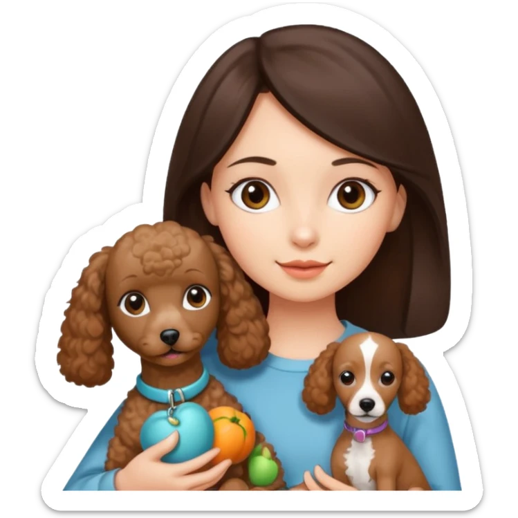 girl with dark brown straight hair holding apricot toy poodle and a greyhound sticker