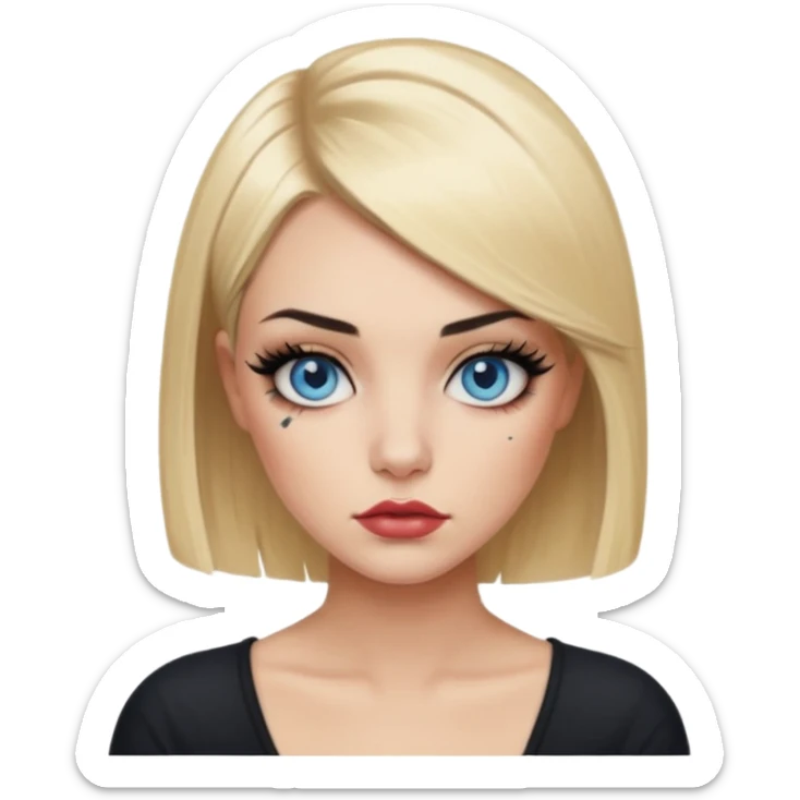 Edgy Woman, Blonde hair Medium blunt bob, blue eyes, makeup Smokey lid with doe lashes, fuller glossy lips, tattoo on arms, wearing black sticker
