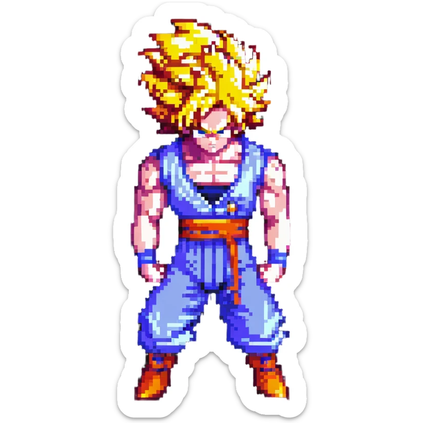 Goku from Dragon Ball Z doing push ups as Super Saiyan with glowing golden hair and aura in pixel art style. sticker