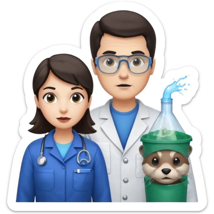 an otter disguised as a woman garbage collector next to a white man mad scientist with dark hair sticker
