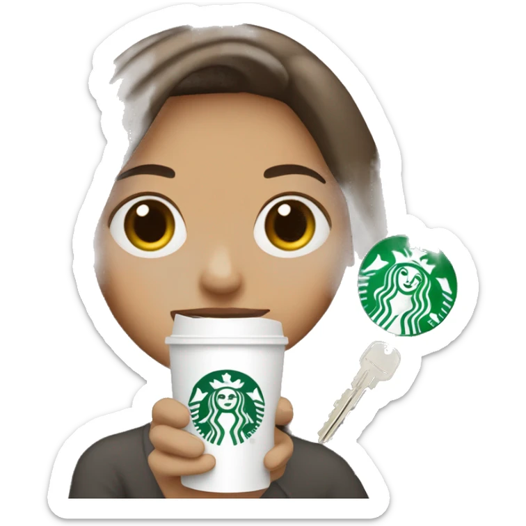girl with brown hair and white hair holding a starbucks coffee and car keys sticker
