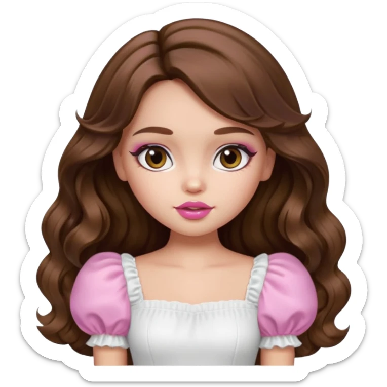 generate a pretty bratz girl with in a white puff sleeve top. Pink lipgloss. Brown wavy hair long.  sticker