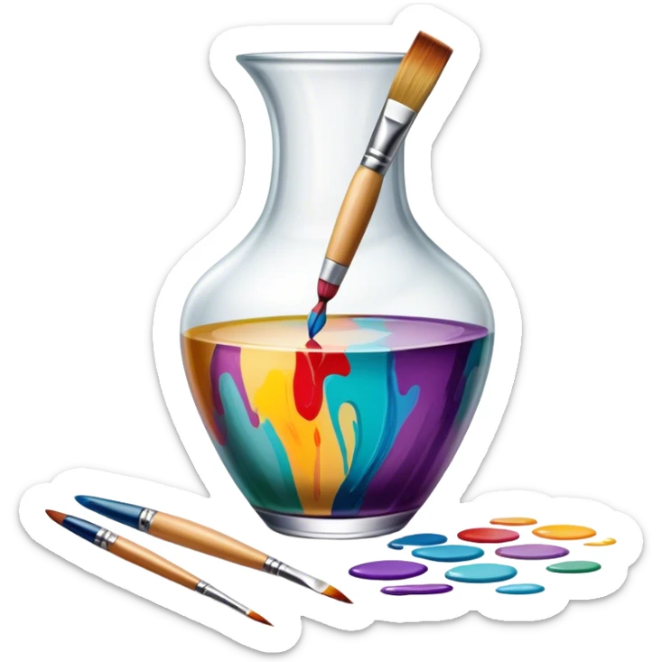 Glass painting icon, colorful brushstrokes on a glass vase, intricate painted patterns on the surface, visible fine paintbrush and palette beside it, no liquid inside the vase, minimalistic style, clean lines, transparent background. sticker