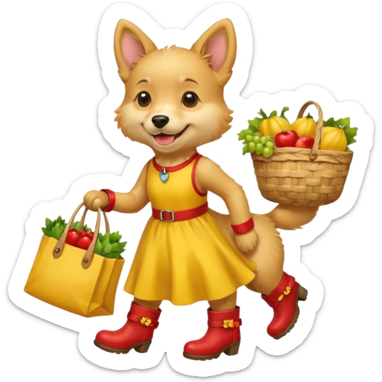 smiling-dog-in-a-yellow-dress,-red-boots,-carrying-a-market-bag sticker