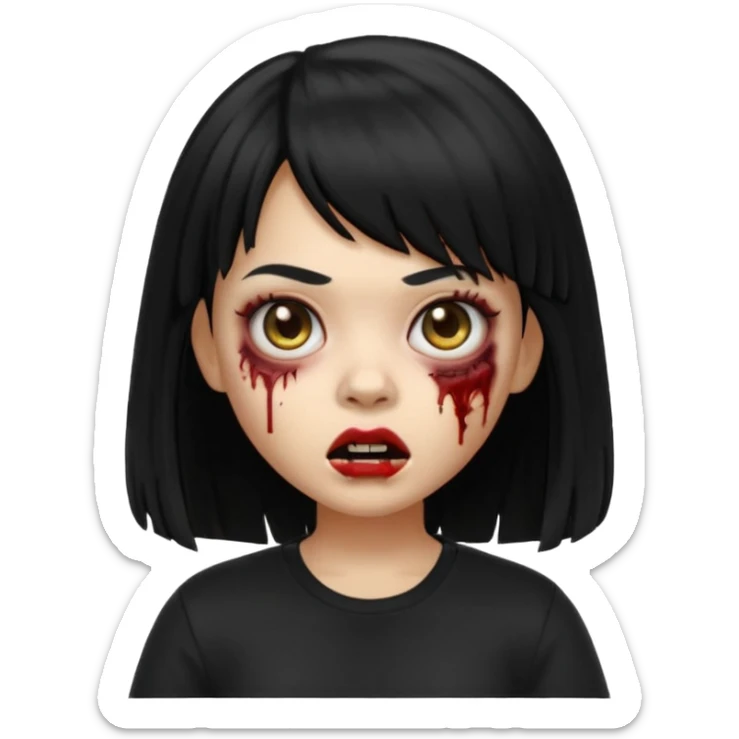 A zombie girl in Apple Memoji format with HUGE, straight black hair with bangs, wearing a black shirt. sticker