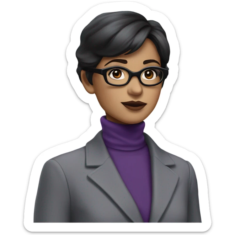 Tv show young Diana Prince wearing grey suit with silk voile purple turtleneck and black eyeglasses  sticker