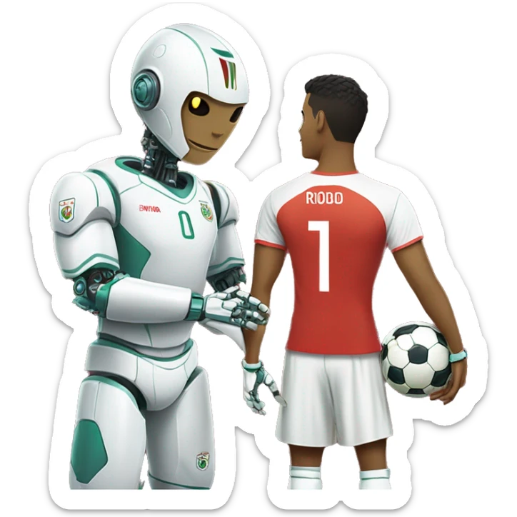 football player Ronaldo in a Portuguese national team T-shirt and next to him a robot shakes his hand sticker