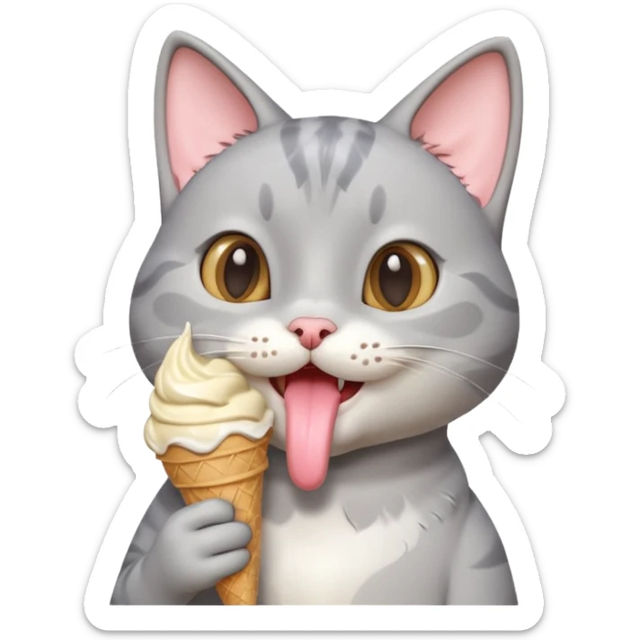 cute gray cat portrait, head and shoulders only, licking an ice cream cone, funny happy expression, 3D cartoon, mobile game icon style, clean background, no text, no watermark
 sticker