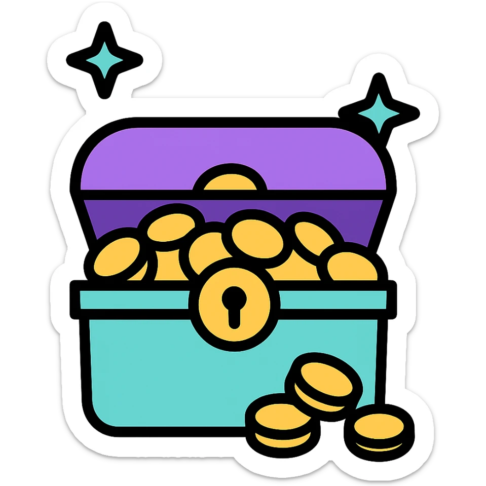 Make the purple and teal rewards chest open with coins spilling out, no background, icon style. sticker