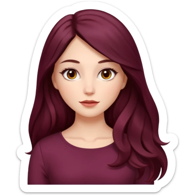 young white woman 
brown almond eyes
Long waist-long hair, center parted
slightly wavy
dark burgundy hair\ sticker