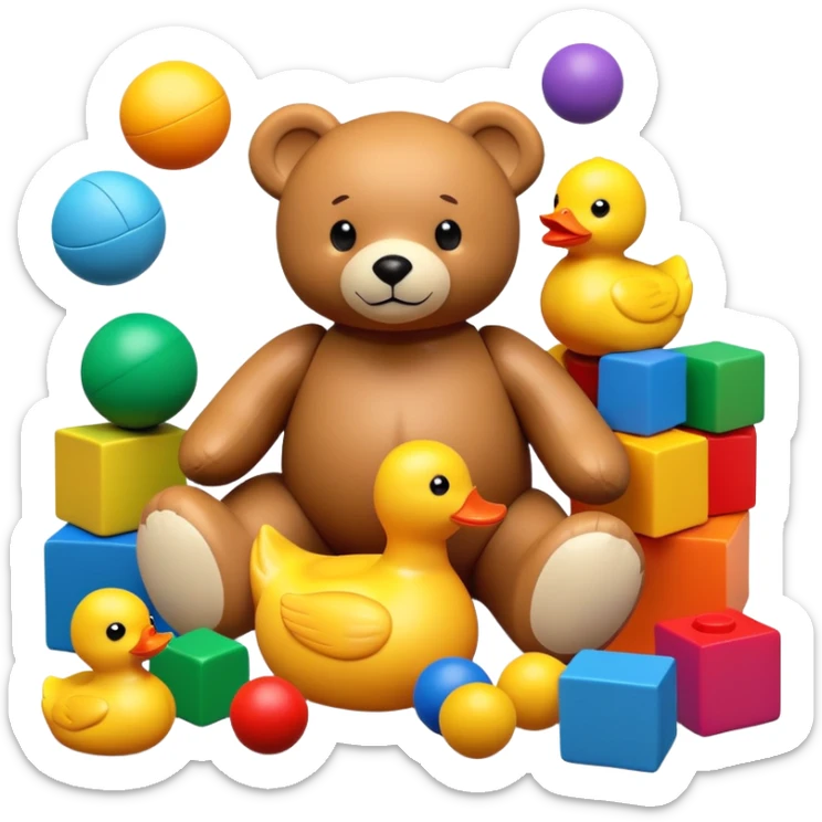 Colorful toys scattered together - teddy bear, rubber duck, toy blocks, ball, and action figures sticker