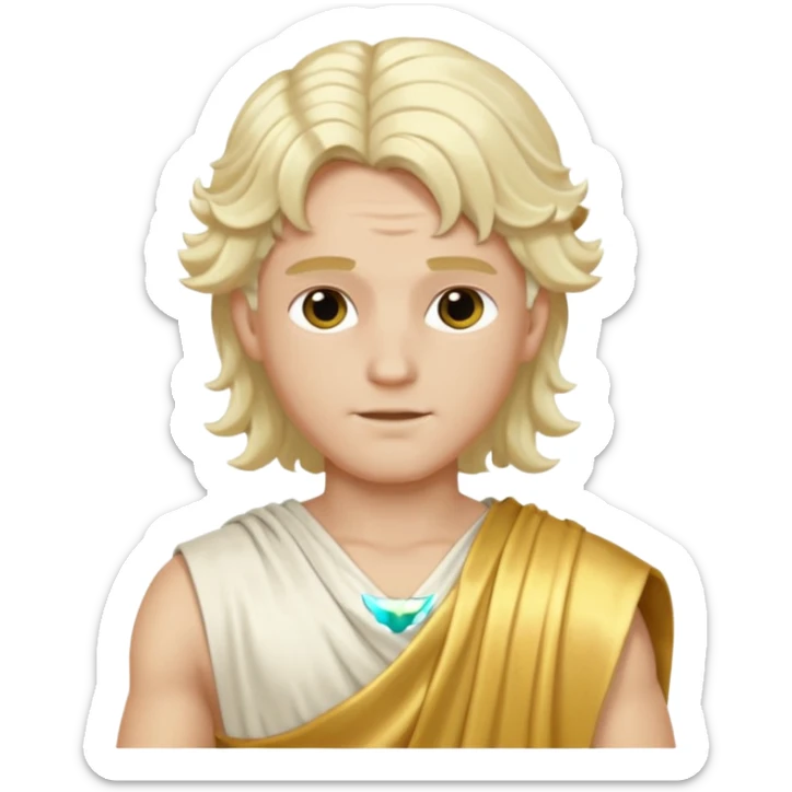 Apollo from The Olympians with long platinum blonde wavy hair, gold toga  sticker