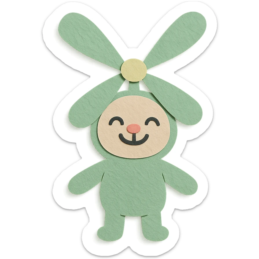 cheerful bunny-fan hybrid, ears spinning like fan blades, pastel green, full-body sticker