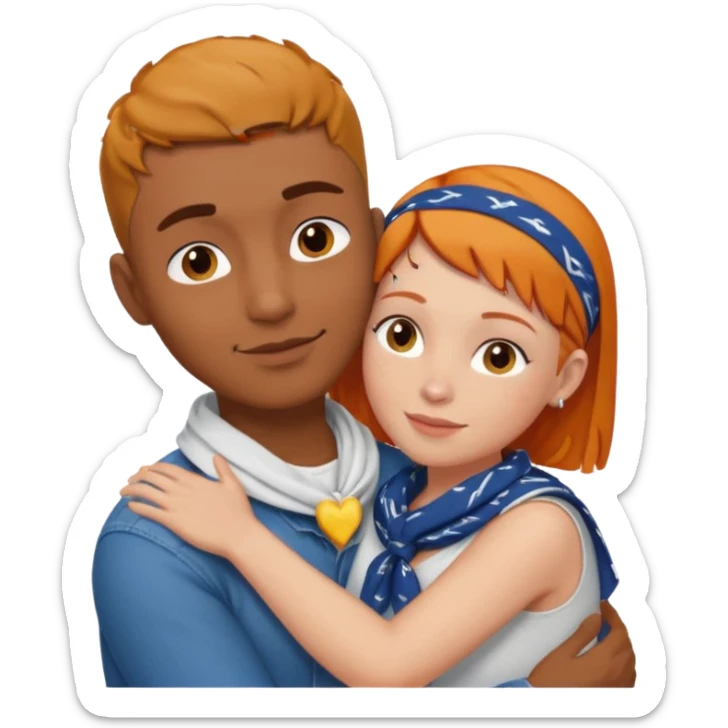 Two people hugging, brown guy with a buzzed cut and bandana, and a white woman with ginger hair sticker