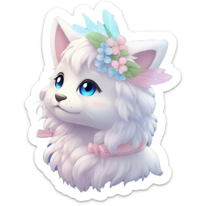 Anthro Cute Cool Blushing Pastel Innocent Shy Kawaii gorgeous sparkly ethereal fantasy anime animal creature with blue eyes furry sona with flowers and ribbons beautiful aesthetic sticker