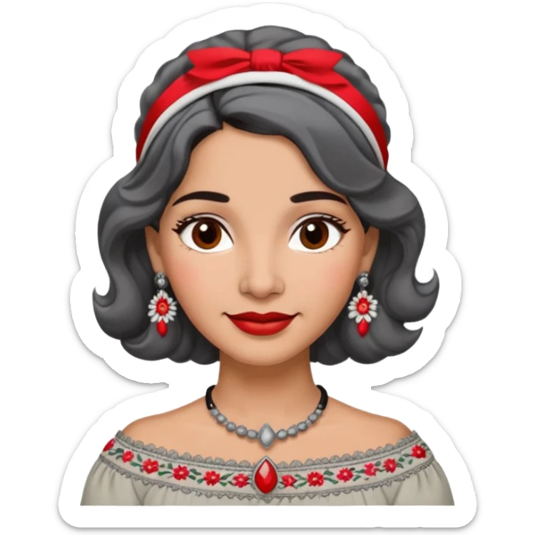 Latina woman, 50s, warm light brown skin, round soft face, wavy black and gray hair, red and white headband, medium eyes, thin eyebrows, gentle smile, gray peasant blouse, decorative embroidery, bare shoulders, large dark necklace sticker
