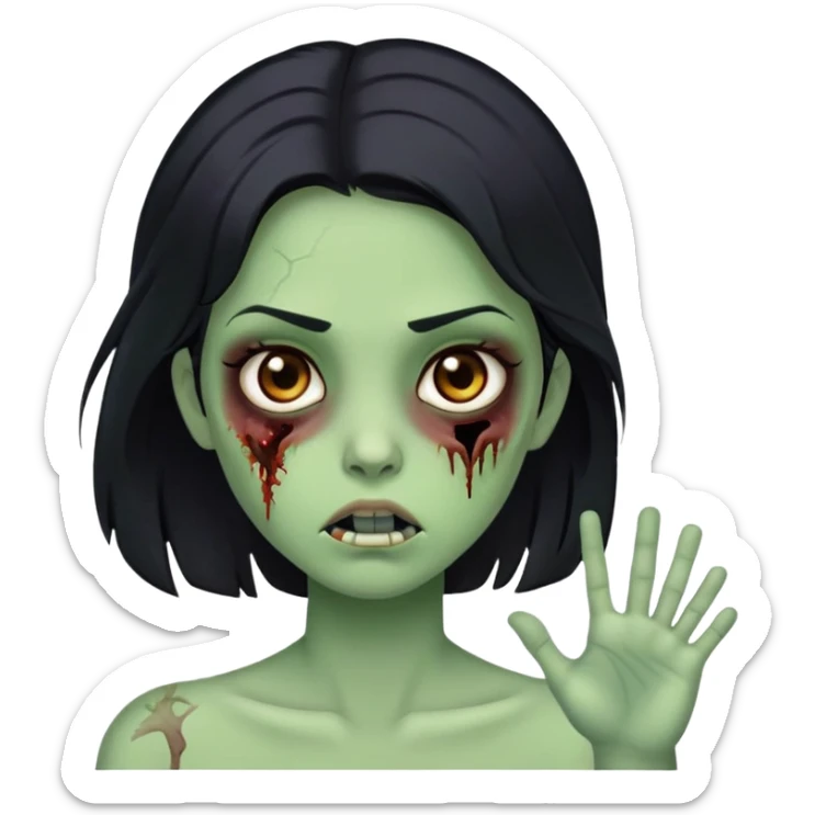 zombie girl, green skin color, no bruises on her face, neutral face, black hair, brown eyes  sticker