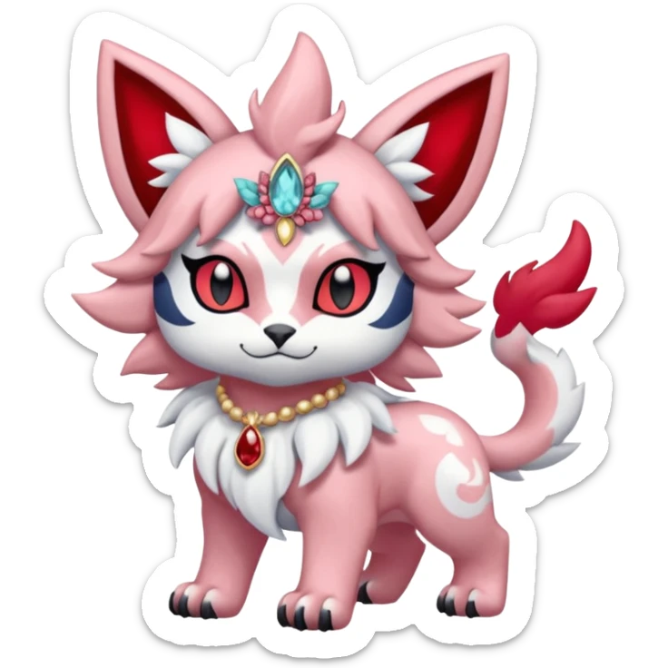 Floral pastel pink and ruby-jewelry-adorned Absol-Litten-Amaura-fusion-Fakemon-animal-creature  sticker