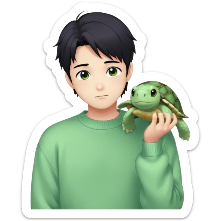 Gorgeous pastel green sweater black hair anime style shojo guy with blushing face and, turtle, aesthetic, young adult, trending style outside  sticker