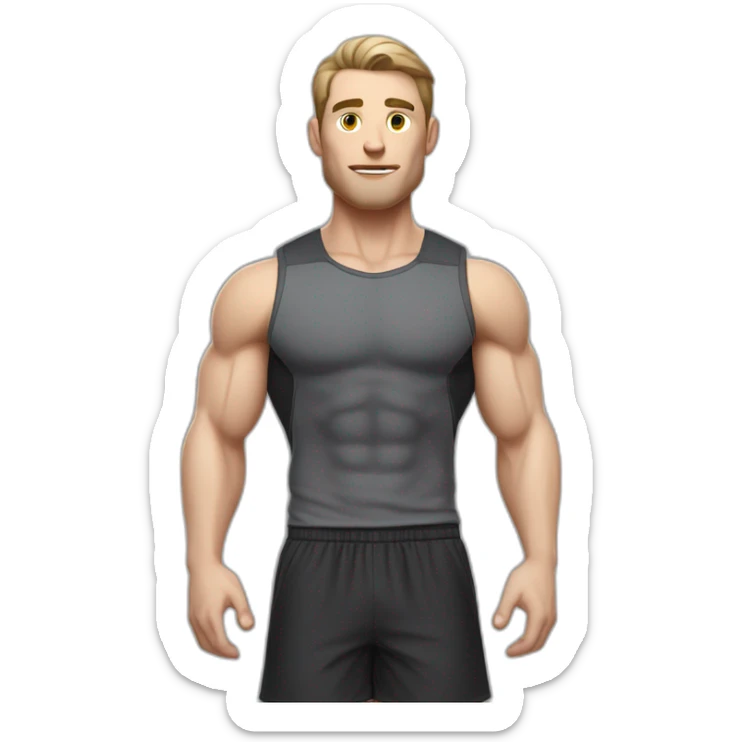 Pale skinned Fit Man With the biceps and dark brown hair in black shirt, gray sports shorts and white Sneakers Relies on the crossbar sticker