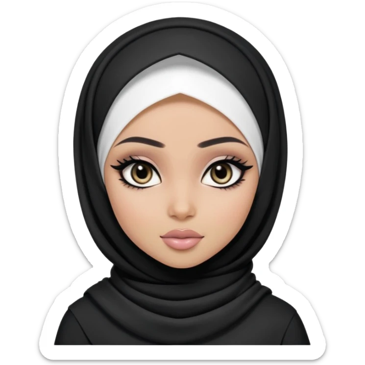black pretty bratz girl, hijabi, dark black eyes, black eyeliner, pale skin, black clothes sticker