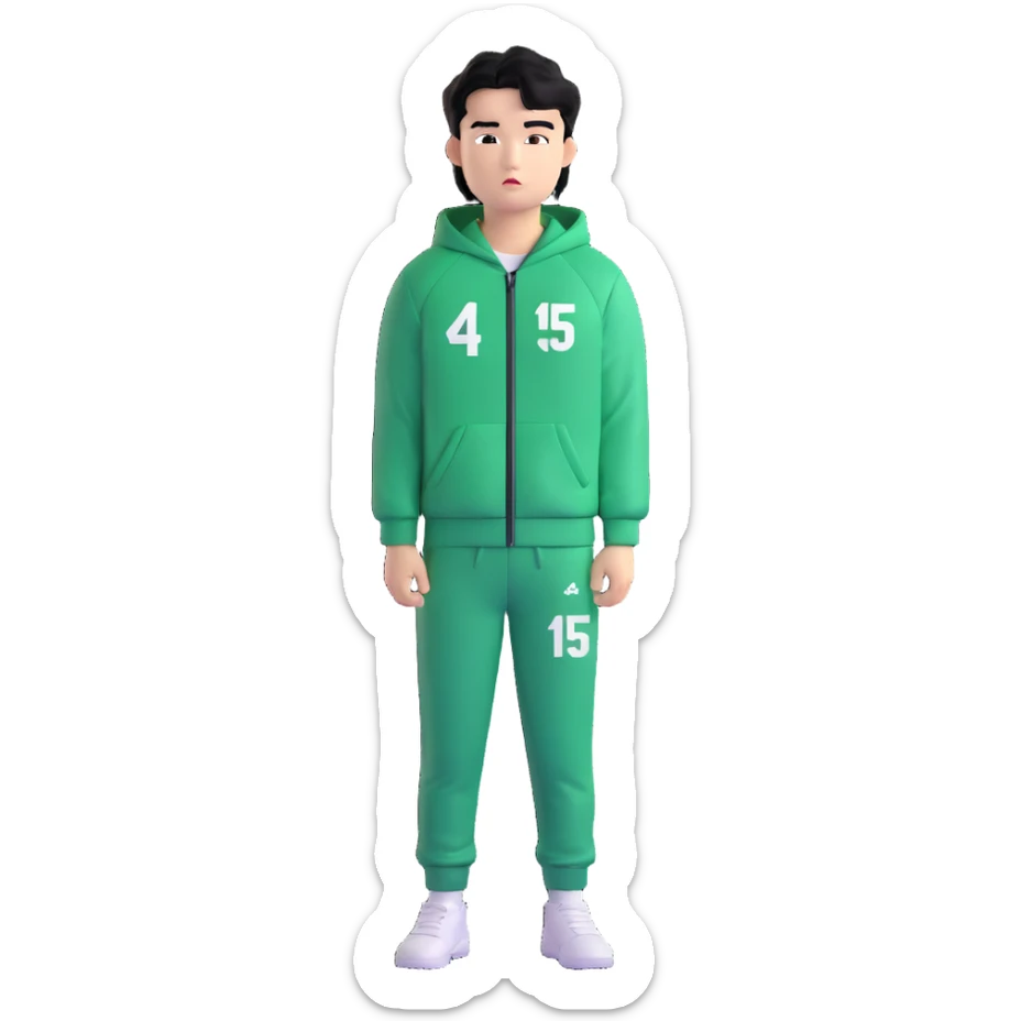 Draw Seong Gi-hun (Player 456), Korean male, messy black hair, green tracksuit with white number 456 printed on chest. sticker