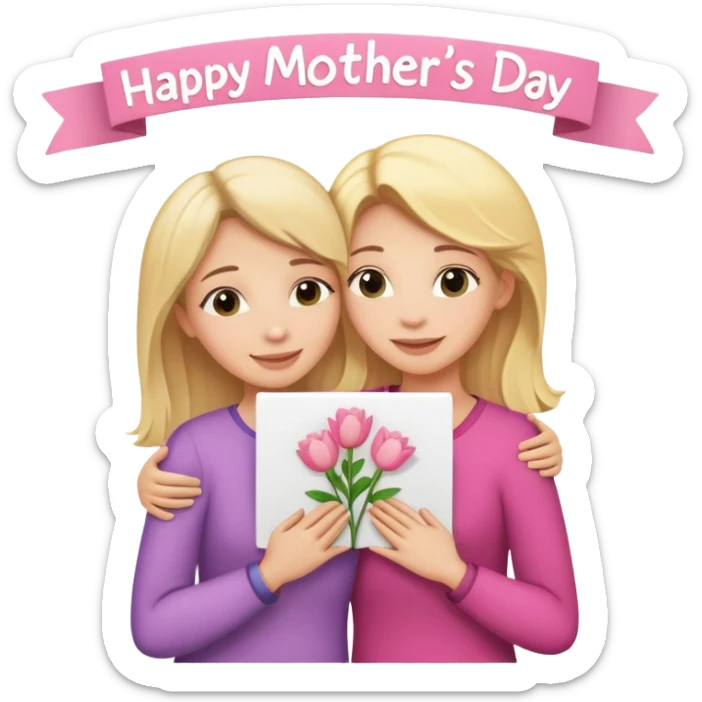 White woman with blonde hair and white woman with blonde hair, hugging with a sign that says happy Mother’s day above their heads sticker