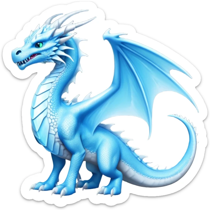 Cinematic Noble elegant Ice Dragon full body Emoji, Poised and imposing, distinct long elegant snout, with a slender, scaled body shimmering in glacial hues of icy blue, frostbitten silver, and crystalline white, breathing out frost, with piercing, glowing eyes that radiate the chilling depths of an arctic storm; rendered in detail. displaying its wings sticker
