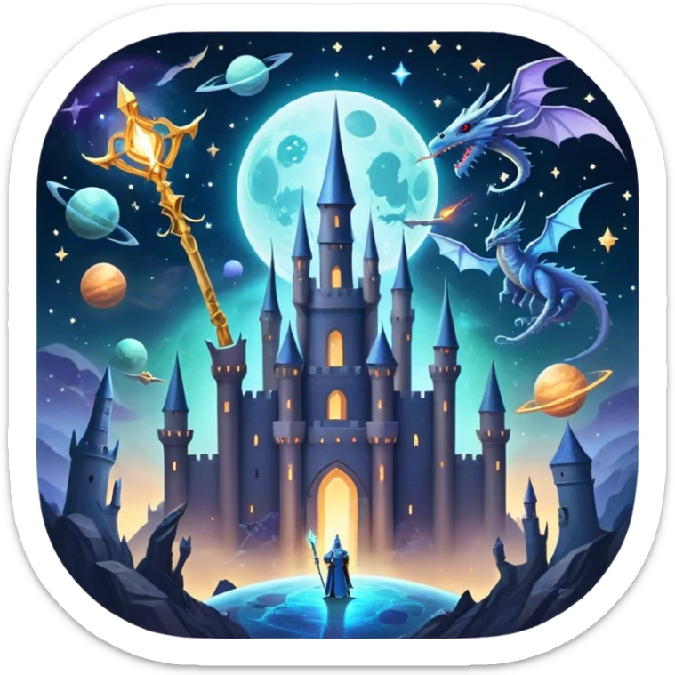 Fantasy and Sci-Fi Movies: A magical collage with a glowing sword, flying dragons, and futuristic spaceships. Stars and planets shimmer in the background, with a mystical castle and an ancient wizard holding a staff. The atmosphere is epic, otherworldly, and adventurous. Transparent background. sticker