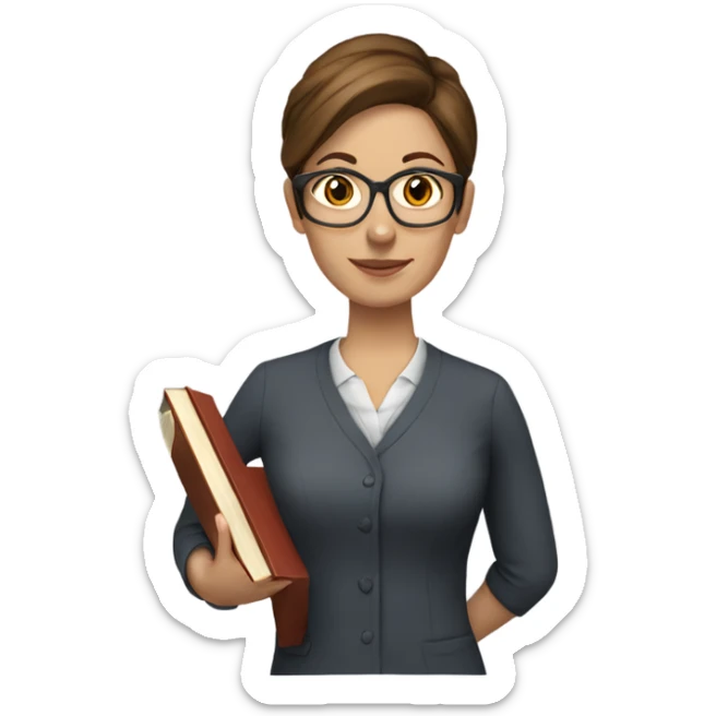 white female teacher with short brown hair and books sticker
