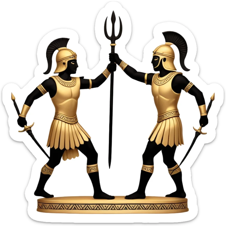 Cinematic-realistic Grecian urn, an exquisite black-figure pottery masterpiece resting in the dim glow of an ancient temple. Intricate golden depictions of two warrior fighting with spears and warriors encircle its curved form, telling timeless myths of heroism and tragedy.  sticker