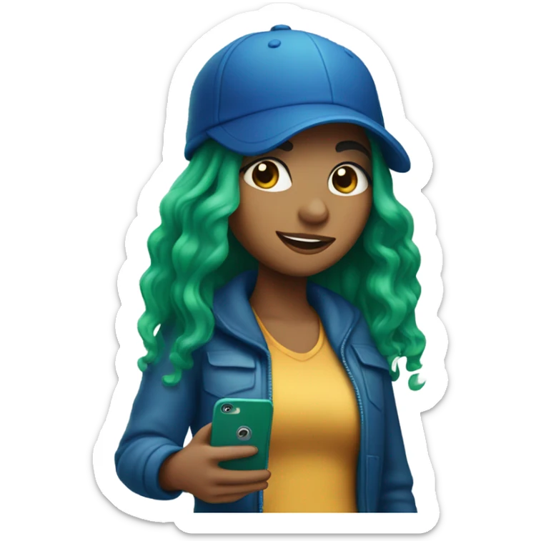 Make a picture of a girl with a cell phone and green hair with a blue hat sticker