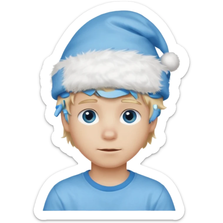 create boy blonde hair long messy, light eyes, white t shirt, rich, long hair, eyes blue, acessory head cristimas blue hat, fluffy hair sticker