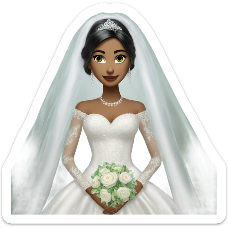 Hyper Realistic ornate ballgown long sleeve Wedding dress with diamanté on Russian bride with green eyes and long black hair with veil sticker
