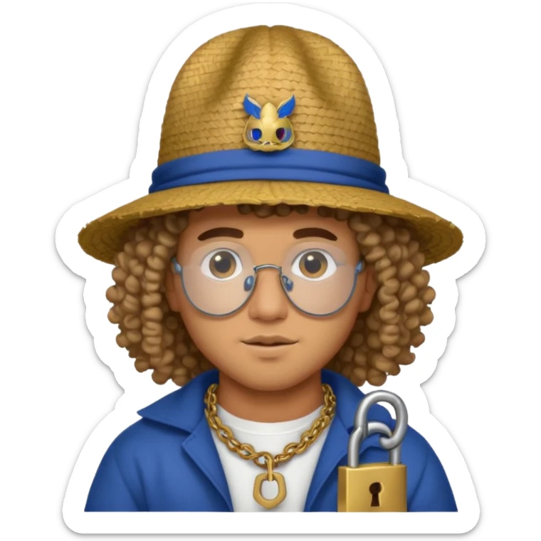 An emoji of Bad Bunny, the superstar from Puerto Rico. The singer. His hair is curly. He has a padlock beard. An an traditional boricua hat.  sticker