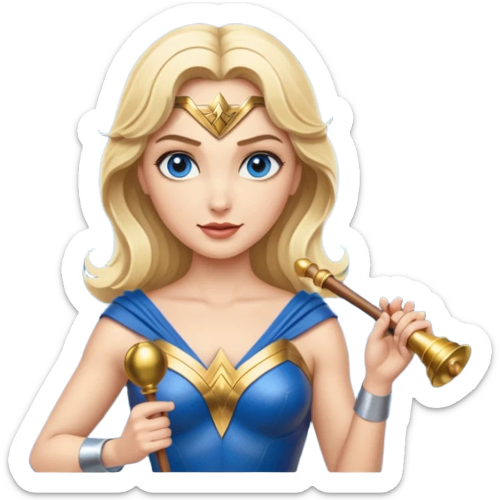 Blonde blue eyes Wonder Woman holding bell and short white orchestra conductor’s baton  sticker