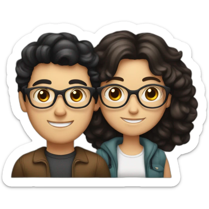 a white Boy with black hair and curler and with glasses on, and a white girl with long brown hair without glasses hugging each other sticker