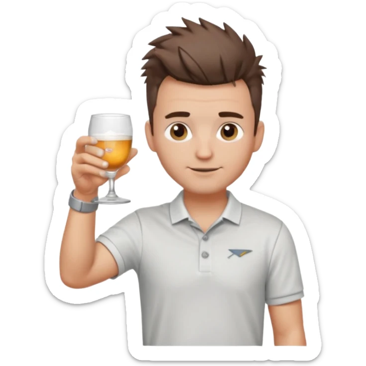 Handsome male.short messy brown hair.mowhawk hairstyle. wearing white golf shirt.grey shorts. Cheersing with a small glass. Wedding ring sticker