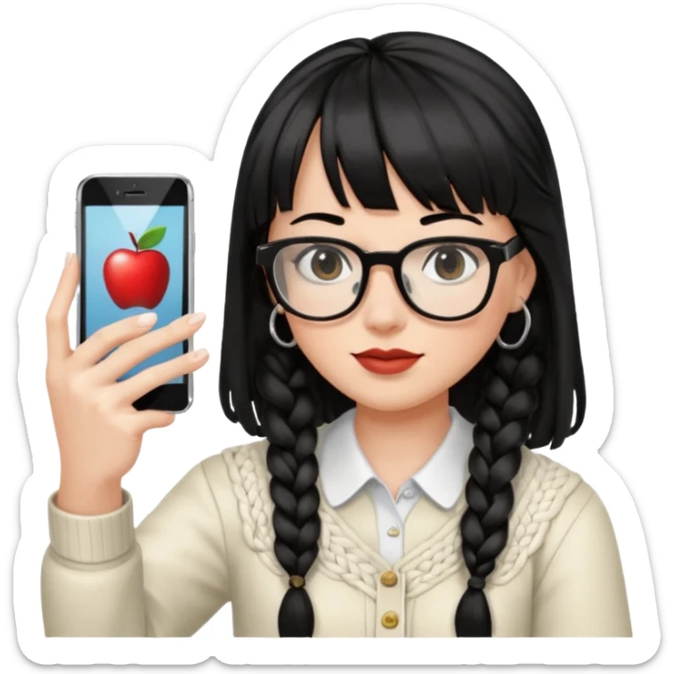 Black hair is braided to one side, braided to the left, and full bangs, wearing horn-rimmed glasses, holding an iPhone white color and taking a mirror selfie so that Apple logo comes out sticker