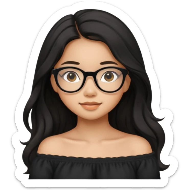teen Filipina girl with black glasses and long black slightly wavy hair with cute cozy off the shoulder top sticker