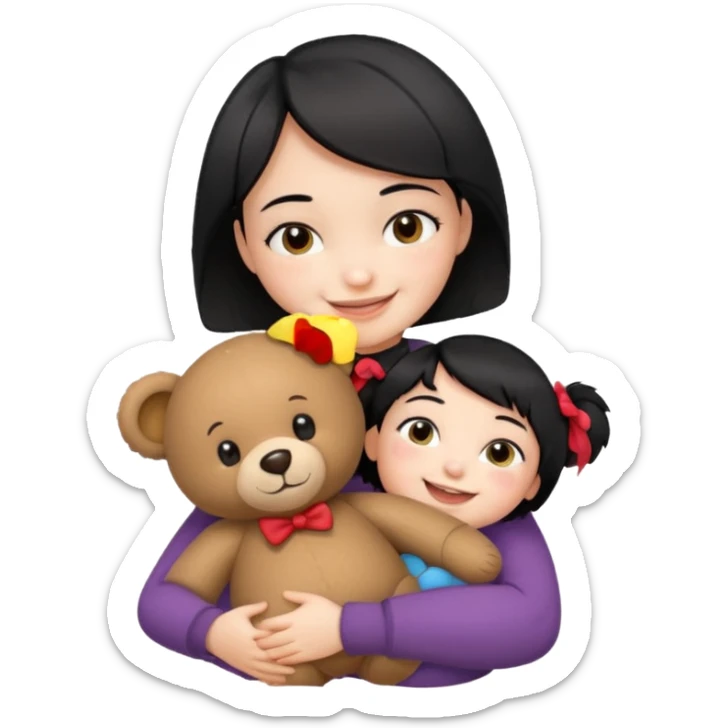 make an emoji a girl with short black hair hugging teddy bear and smile happiest sticker