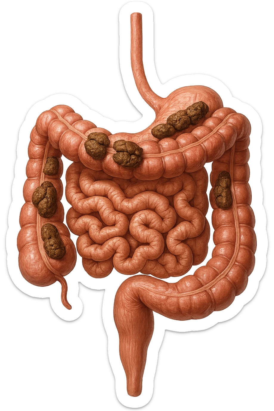 intestino umano anatomico realistico con feci spezzettate iperrealistiche sotto sticker