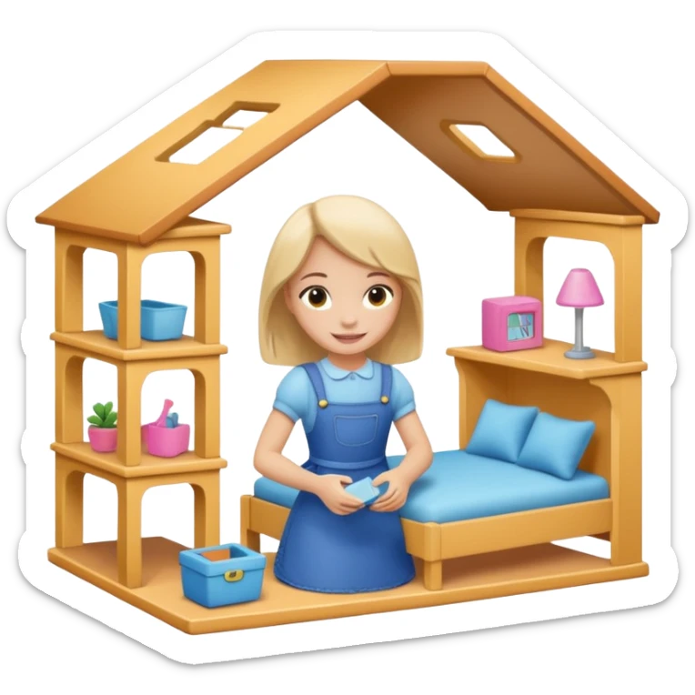 smiling girl arranging furniture in doll house sticker