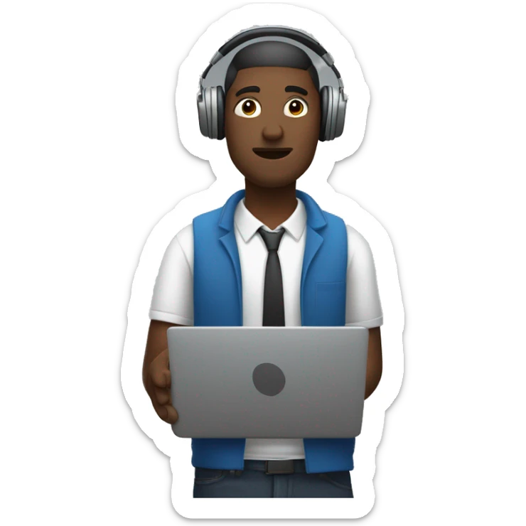 man in headphones talking hold laptop and phone only upper part of body  sticker