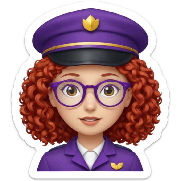scout girl with red curly hair and uniform and hat and glassess and purle uniform sticker