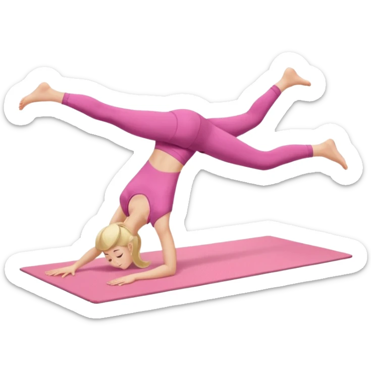 A fair-haired girl in a pink suit does a back bridge on a mat. two legs and a bridge to the other side.the feet are on the mat, the back is arched inward and the hands are stretched towards the legs sticker